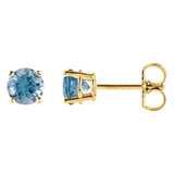 4 mm blue topaz solitaire stud earrings in solid 14K yellow gold, front and side view
