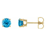 5 mm blue topaz solitaire stud earrings in solid 14K yellow gold, front and side view