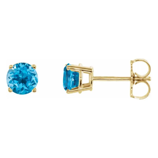 5 mm blue topaz solitaire stud earrings in solid 14K yellow gold, front and side view