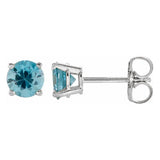 5 mm blue zircon solitaire stud earrings in solid 14K white gold, front and side view
