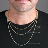 Chain length guide for men showing 18 in., 20 in., and 24 in. chains on model