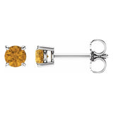4 mm citrine solitaire stud earrings in solid 14K white gold, front and side view