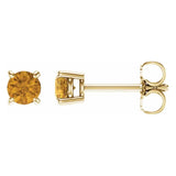 4 mm citrine solitaire stud earrings in solid 14K yellow gold, front and side view