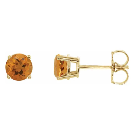 5 mm citrine solitaire stud earrings in solid 14K yellow gold, front and side view