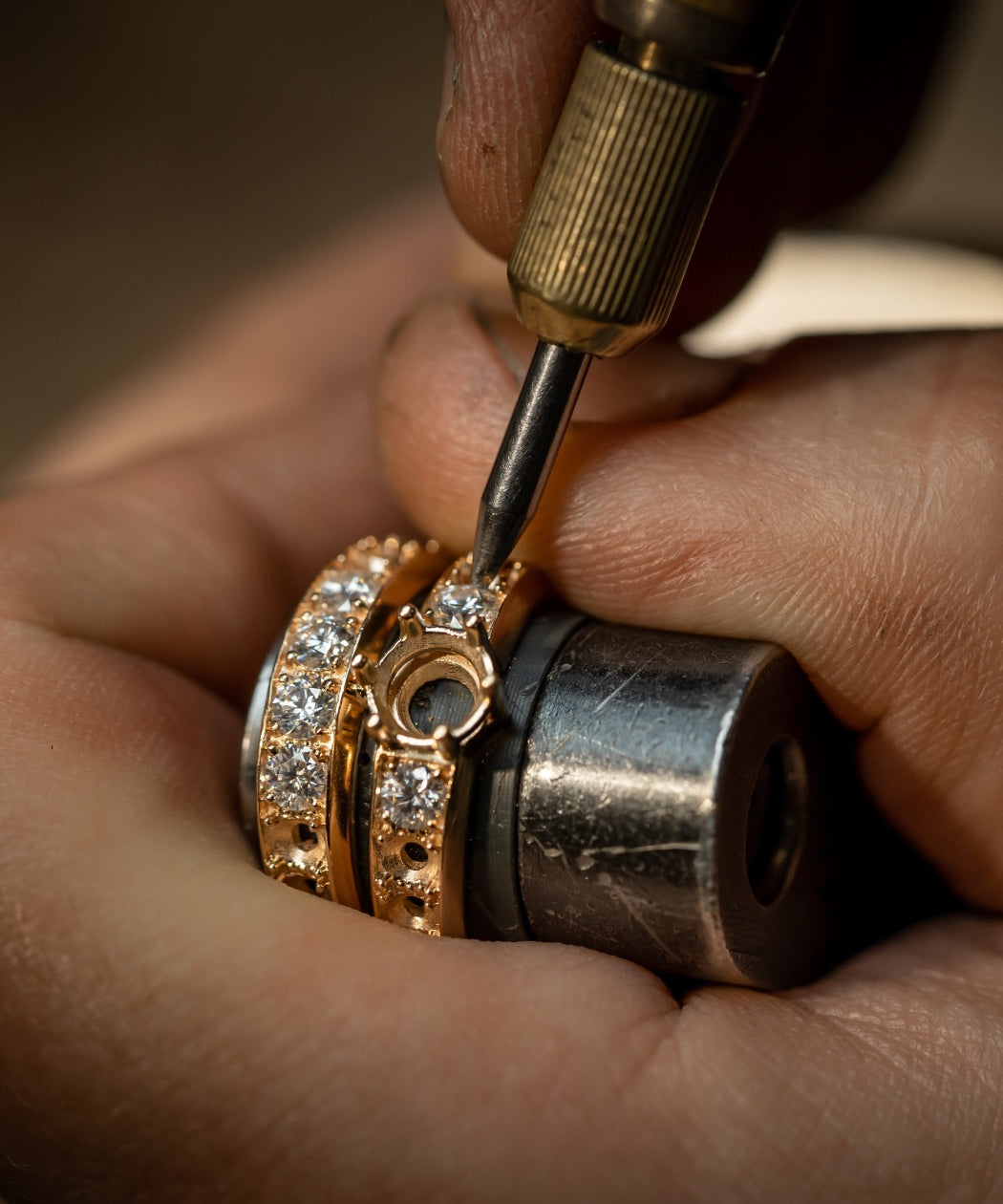 Custom jewelry stone setting process at Lu’Ro Jewelers