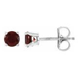 4 mm garnet solitaire stud earrings in solid 14K white gold, front and side view