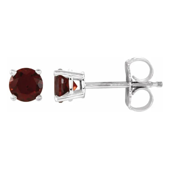 4 mm garnet solitaire stud earrings in solid 14K white gold, front and side view