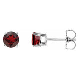 5 mm garnet solitaire stud earrings in solid 14K white gold, front and side view