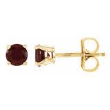 4 mm garnet solitaire stud earrings in solid 14K yellow gold, front and side view