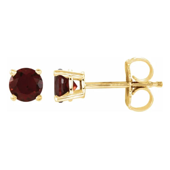 4 mm garnet solitaire stud earrings in solid 14K yellow gold, front and side view