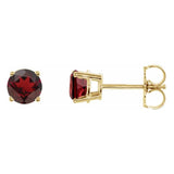 5 mm garnet solitaire stud earrings in solid 14K yellow gold, front and side view