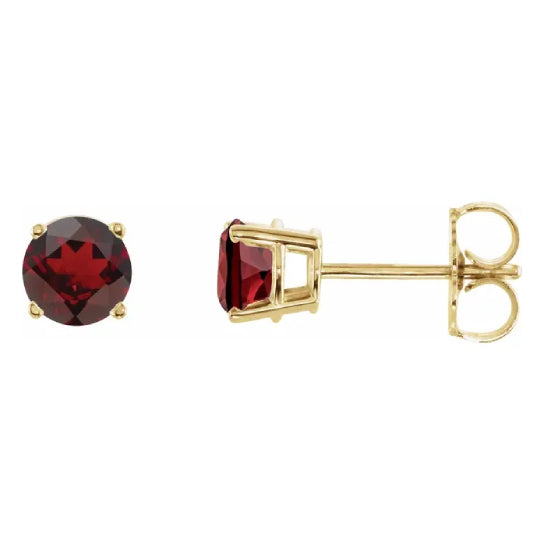 5 mm garnet solitaire stud earrings in solid 14K yellow gold, front and side view