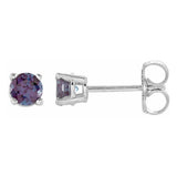 4 mm lab-grown alexandrite solitaire stud earrings in solid 14K white gold, front and side view