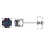 5 mm lab-grown alexandrite solitaire stud earrings in solid 14K white gold, front and side view