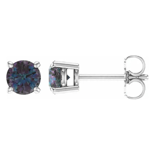 5 mm lab-grown alexandrite solitaire stud earrings in solid 14K white gold, front and side view