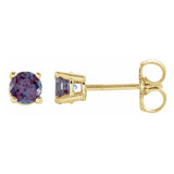 4 mm lab-grown alexandrite solitaire stud earrings in solid 14K yellow gold, front and side view