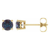 5 mm lab-grown alexandrite solitaire stud earrings in solid 14K yellow gold, front and side view