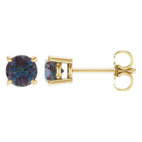 5 mm lab-grown alexandrite solitaire stud earrings in solid 14K yellow gold, front and side view