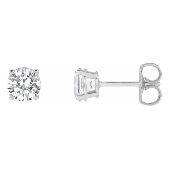 5 mm lab-grown diamond solitaire stud earrings in solid 14K white gold, front and side view