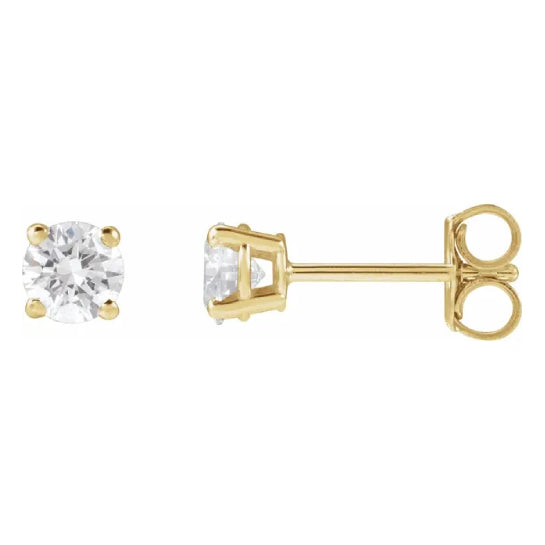 4 mm lab-grown diamond solitaire stud earrings in solid 14K yellow gold, front and side view