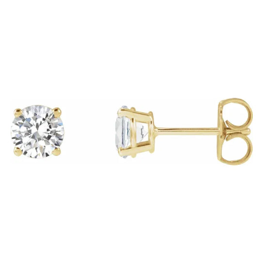 5 mm lab-grown diamond solitaire stud earrings in solid 14K yellow gold, front and side view