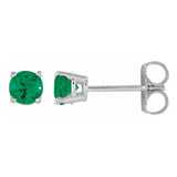 4 mm lab-grown emerald solitaire stud earrings in solid 14K white gold, front and side view