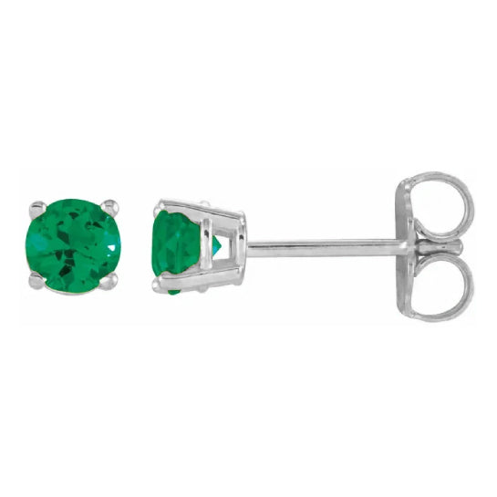 4 mm lab-grown emerald solitaire stud earrings in solid 14K white gold, front and side view