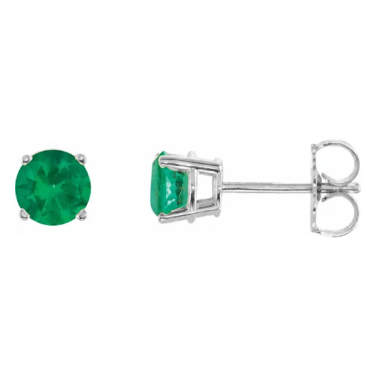 5 mm lab-grown emerald solitaire stud earrings in solid 14K white gold, front and side view