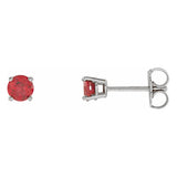 4 mm lab-grown ruby solitaire stud earrings in solid 14K white gold, front and side view