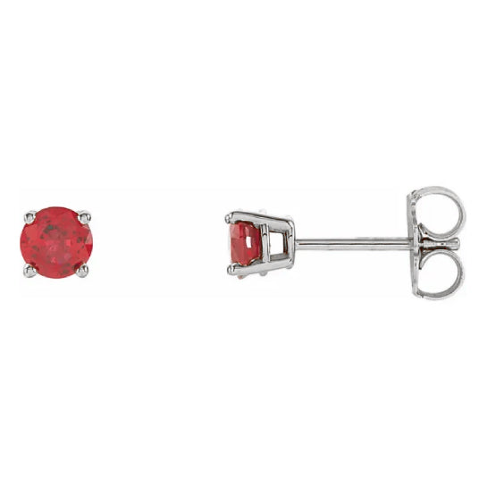 4 mm lab-grown ruby solitaire stud earrings in solid 14K white gold, front and side view