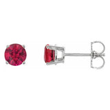 5 mm lab-grown ruby solitaire stud earrings in solid 14K white gold, front and side view