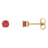 4 mm lab-grown ruby solitaire stud earrings in solid 14K yellow gold, front and side view