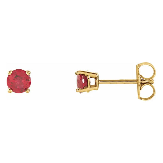 4 mm lab-grown ruby solitaire stud earrings in solid 14K yellow gold, front and side view