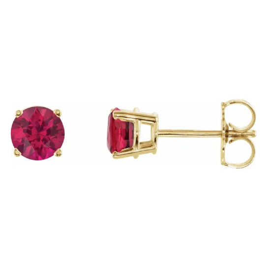 5 mm lab-grown ruby solitaire stud earrings in solid 14K yellow gold, front and side view