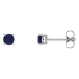 4 mm lab-grown sapphire solitaire stud earrings in solid 14K white gold, front and side view