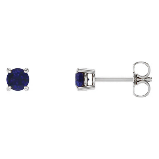 4 mm lab-grown sapphire solitaire stud earrings in solid 14K white gold, front and side view