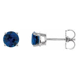5 mm lab-grown sapphire solitaire stud earrings in solid 14K white gold, front and side view