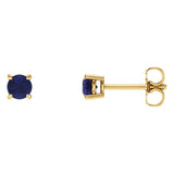 4 mm lab-grown sapphire solitaire stud earrings in solid 14K yellow gold, front and side view