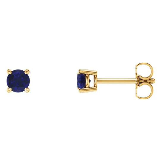 4 mm lab-grown sapphire solitaire stud earrings in solid 14K yellow gold, front and side view