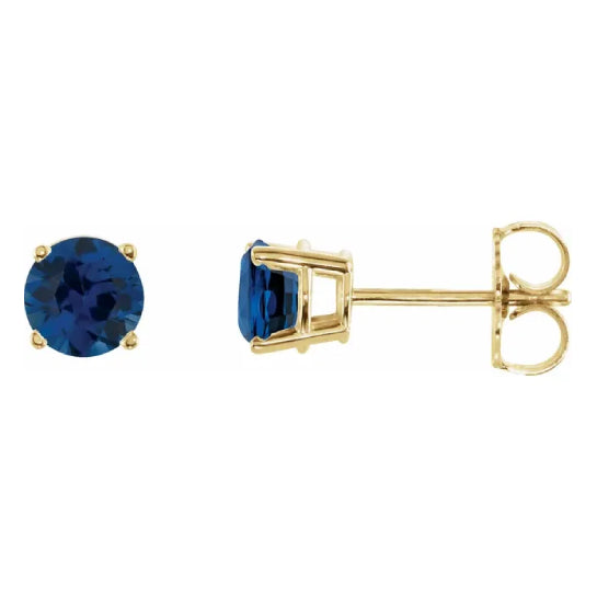 5 mm lab-grown sapphire solitaire stud earrings in solid 14K yellow gold, front and side view