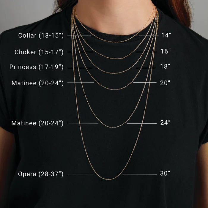 Necklace and chain length guide for women showing 14 in., 16 in., 18 in., 20 in., 24 in., and 30 in. lengths on model
