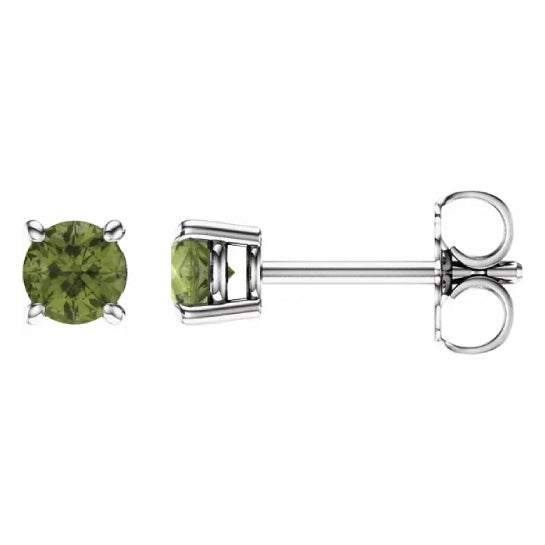 4 mm peridot solitaire stud earrings in solid 14K white gold, front and side view