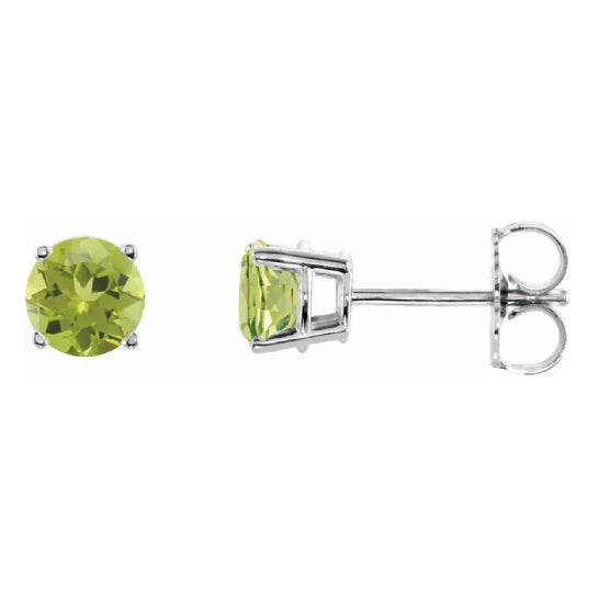5 mm peridot solitaire stud earrings in solid 14K white gold, front and side view