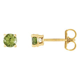 4 mm peridot solitaire stud earrings in solid 14K yellow gold, front and side view