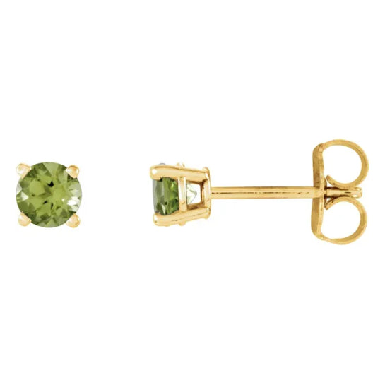 4 mm peridot solitaire stud earrings in solid 14K yellow gold, front and side view