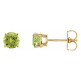 5 mm peridot solitaire stud earrings in solid 14K yellow gold, front and side view