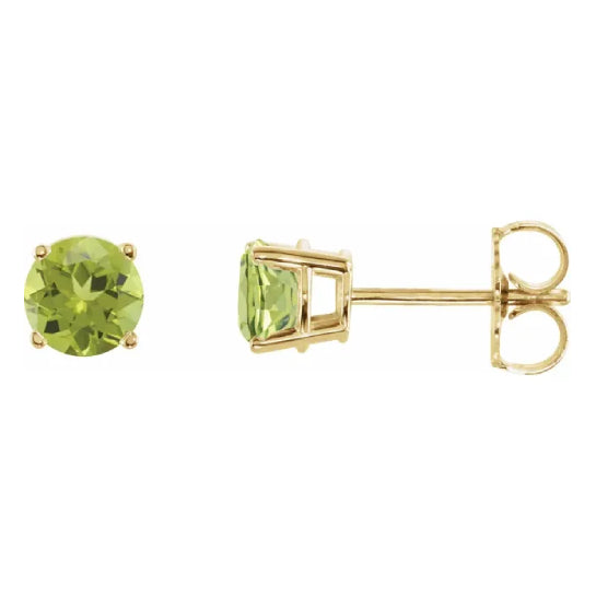 5 mm peridot solitaire stud earrings in solid 14K yellow gold, front and side view