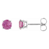 4 mm pink tourmaline solitaire stud earrings in solid 14K white gold, front and side view