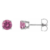 5 mm pink tourmaline solitaire stud earrings in solid 14K white gold, front and side view
