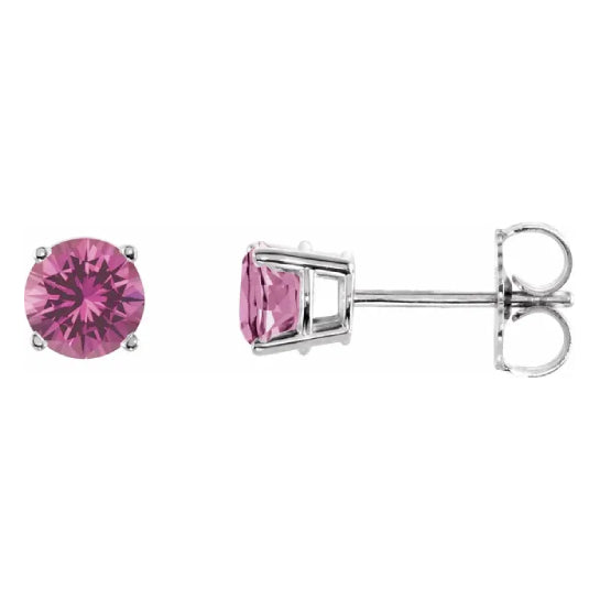 5 mm pink tourmaline solitaire stud earrings in solid 14K white gold, front and side view